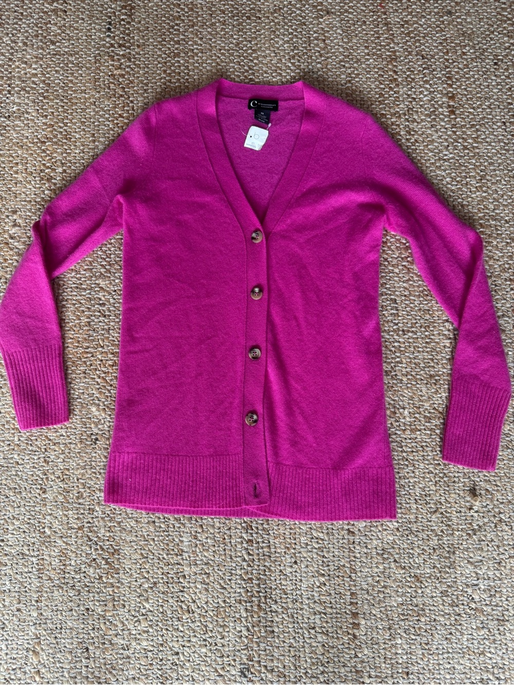 C- Bloomingdale’s 2 ply XS cashmere button down.  Missing button. Pink. NWT